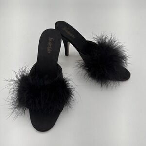 Vintage Y2K Frederick's of Hollywood Black Marabou Feather Satin Peep Toe Heel 7